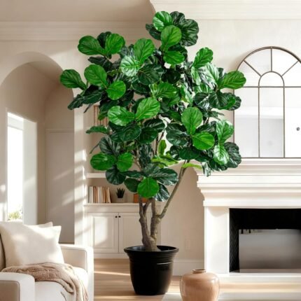 8FT Artificial Fiddle Leaf Fig Tree with White Pot – Large Faux Indoor Plant for Home & Office Décor